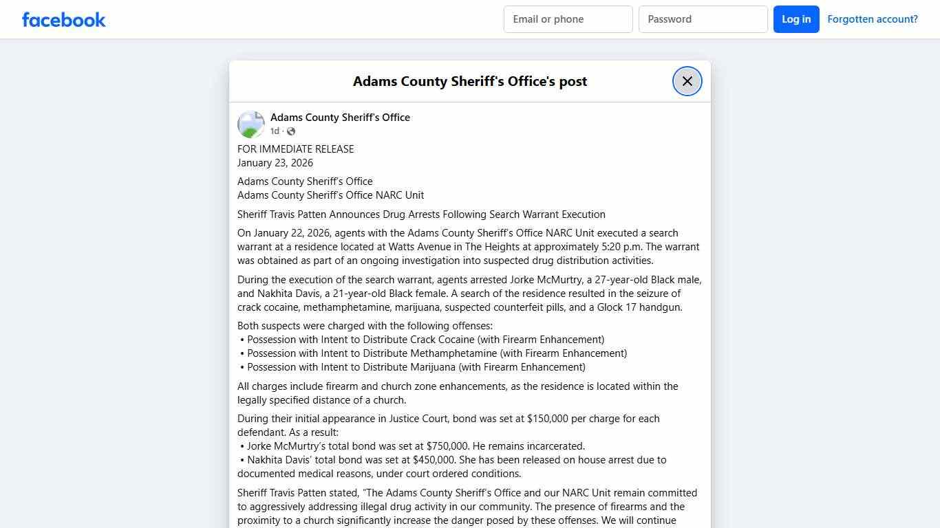 FOR IMMEDIATE RELEASE... - Adams County Sheriff's Office Facebook